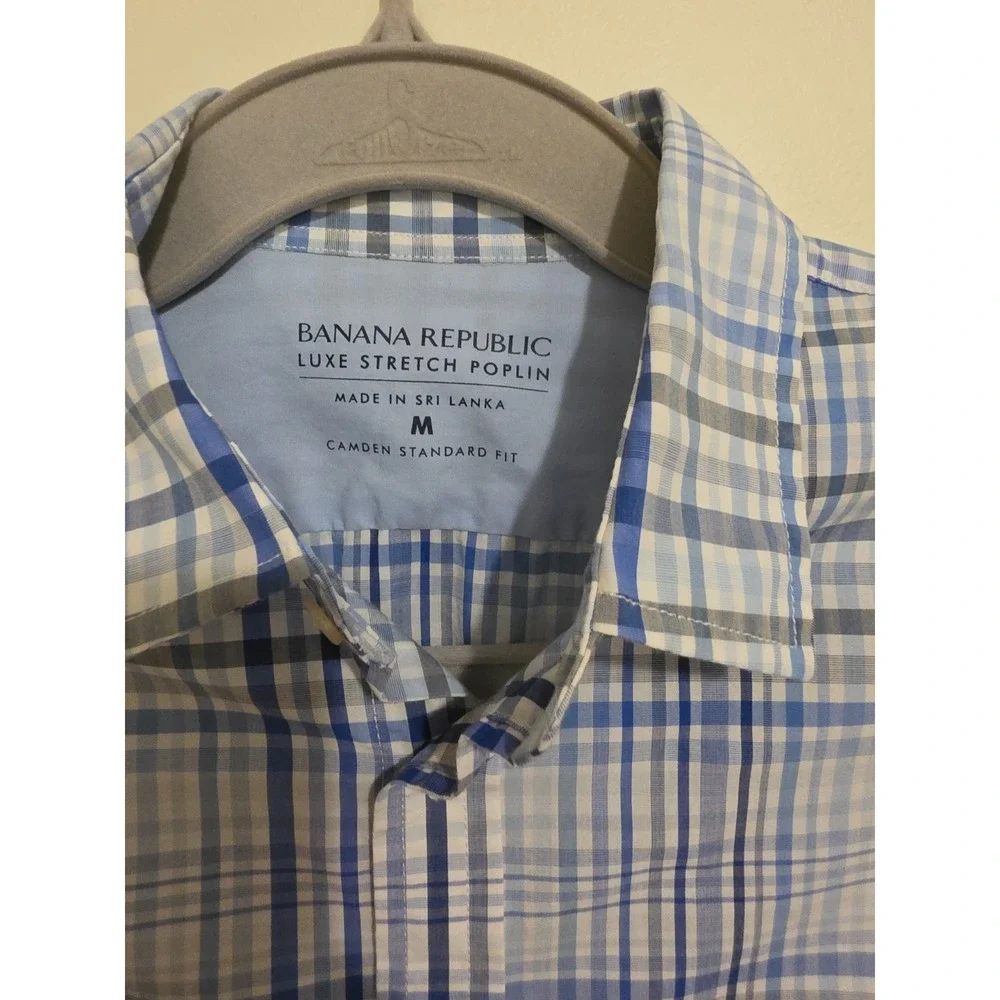 Banana Republic Shirt Mens M Blue Gray Plaid Grant Slim Fit Luxe Stretch Poplin